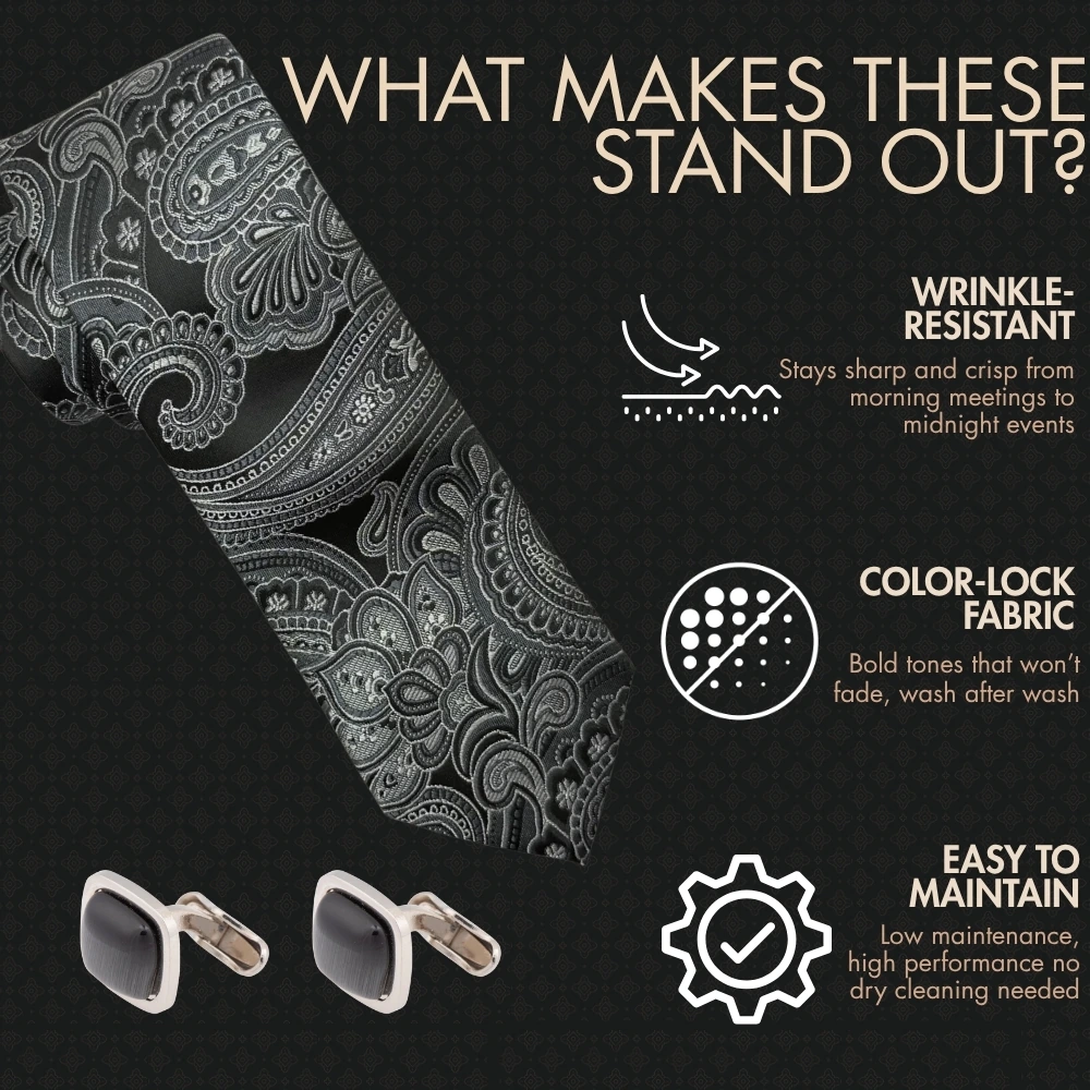 Black Silk Paisley Necktie with Black Cufflinks Combo for Men