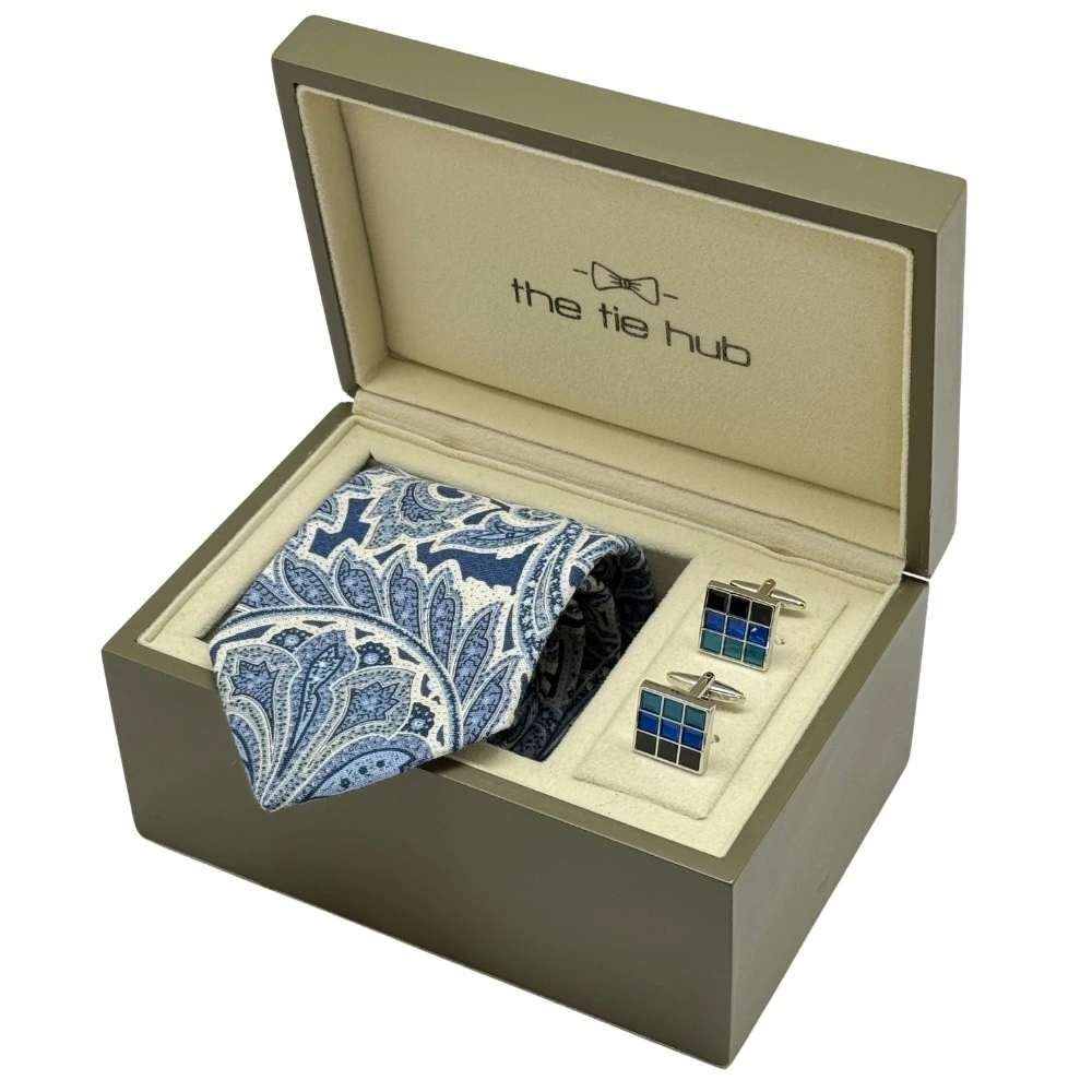 Blue Paisley Silk Necktie with Blue Grid Cufflinks Combo - Printed Design for Men