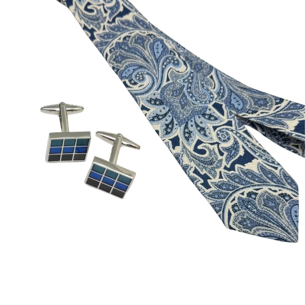 Blue Paisley Silk Necktie with Blue Grid Cufflinks Combo - Printed Design for Men