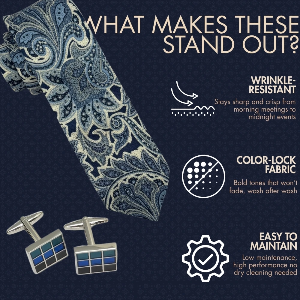 Blue Paisley Silk Necktie with Blue Grid Cufflinks Combo - Printed Design for Men