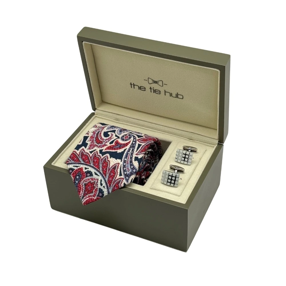 Red and Navy Paisley Silk Necktie with White Grid Cufflinks Combo - Printed Design for Men