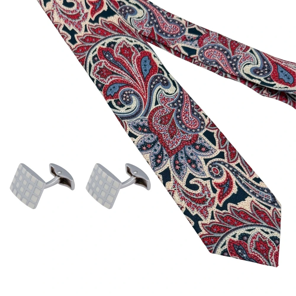 Red and Navy Paisley Silk Necktie with White Grid Cufflinks Combo - Printed Design for Men