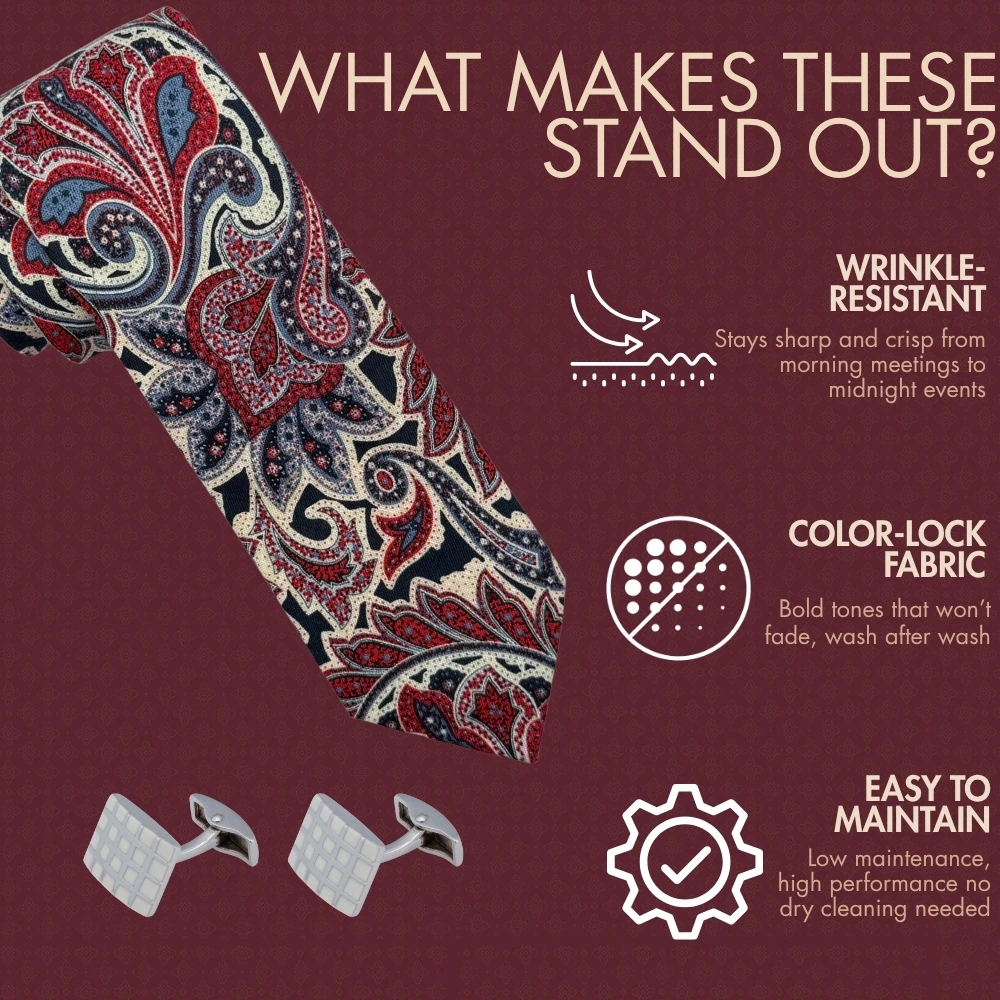Red and Navy Paisley Silk Necktie with White Grid Cufflinks Combo - Printed Design for Men