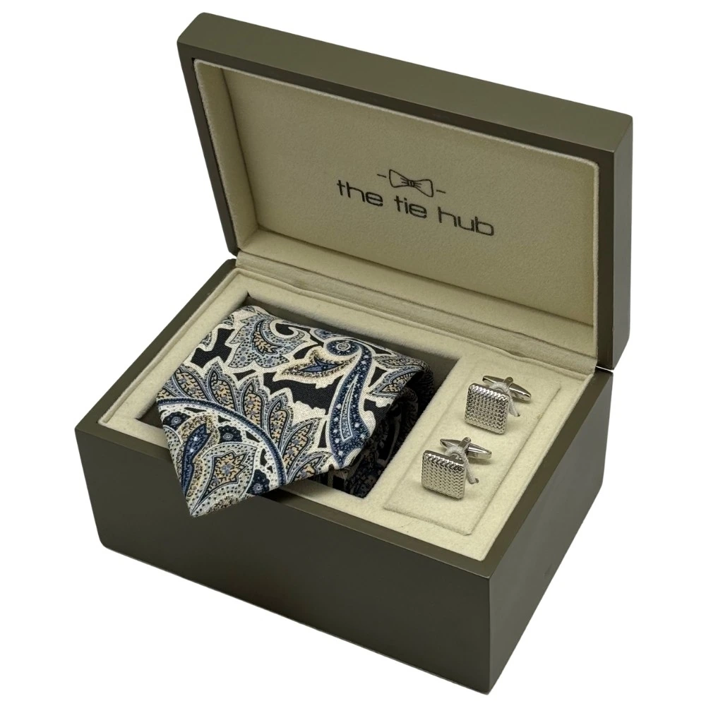 Beige and Blue Paisley Silk Necktie with Silver Textured Cufflinks Combo - Printed Design for Men