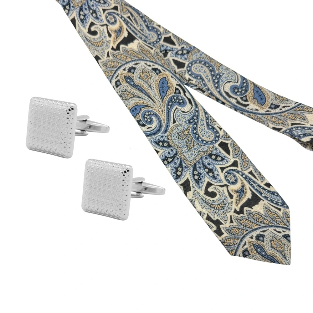 Beige and Blue Paisley Silk Necktie with Silver Textured Cufflinks Combo - Printed Design for Men