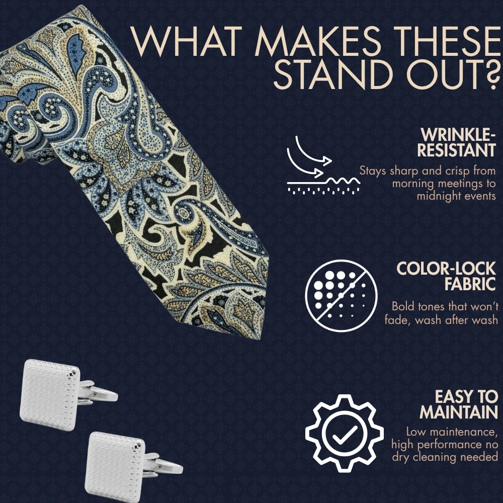 Beige and Blue Paisley Silk Necktie with Silver Textured Cufflinks Combo - Printed Design for Men