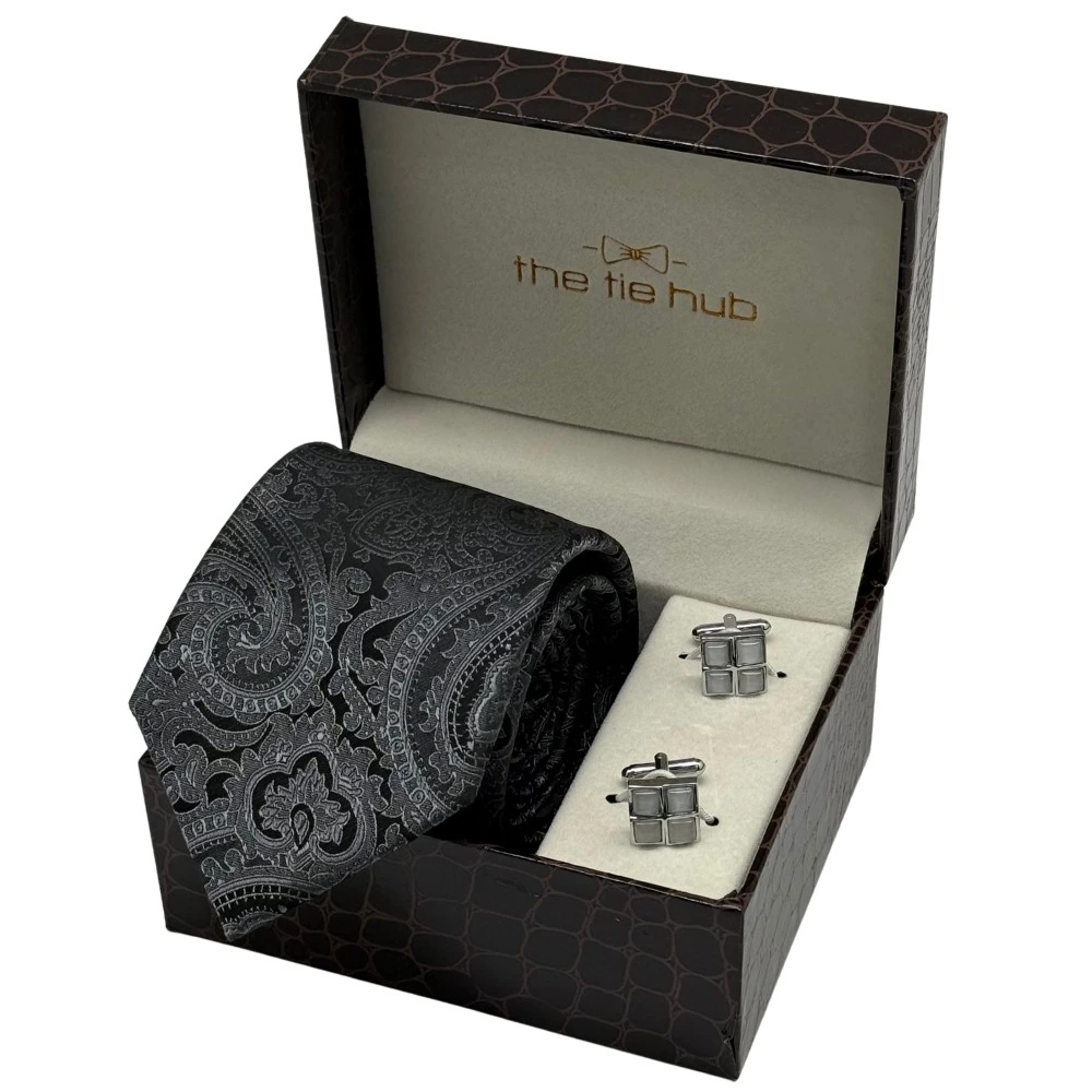 Black Silk Paisley Necktie with Grey Cufflinks Combo for Men