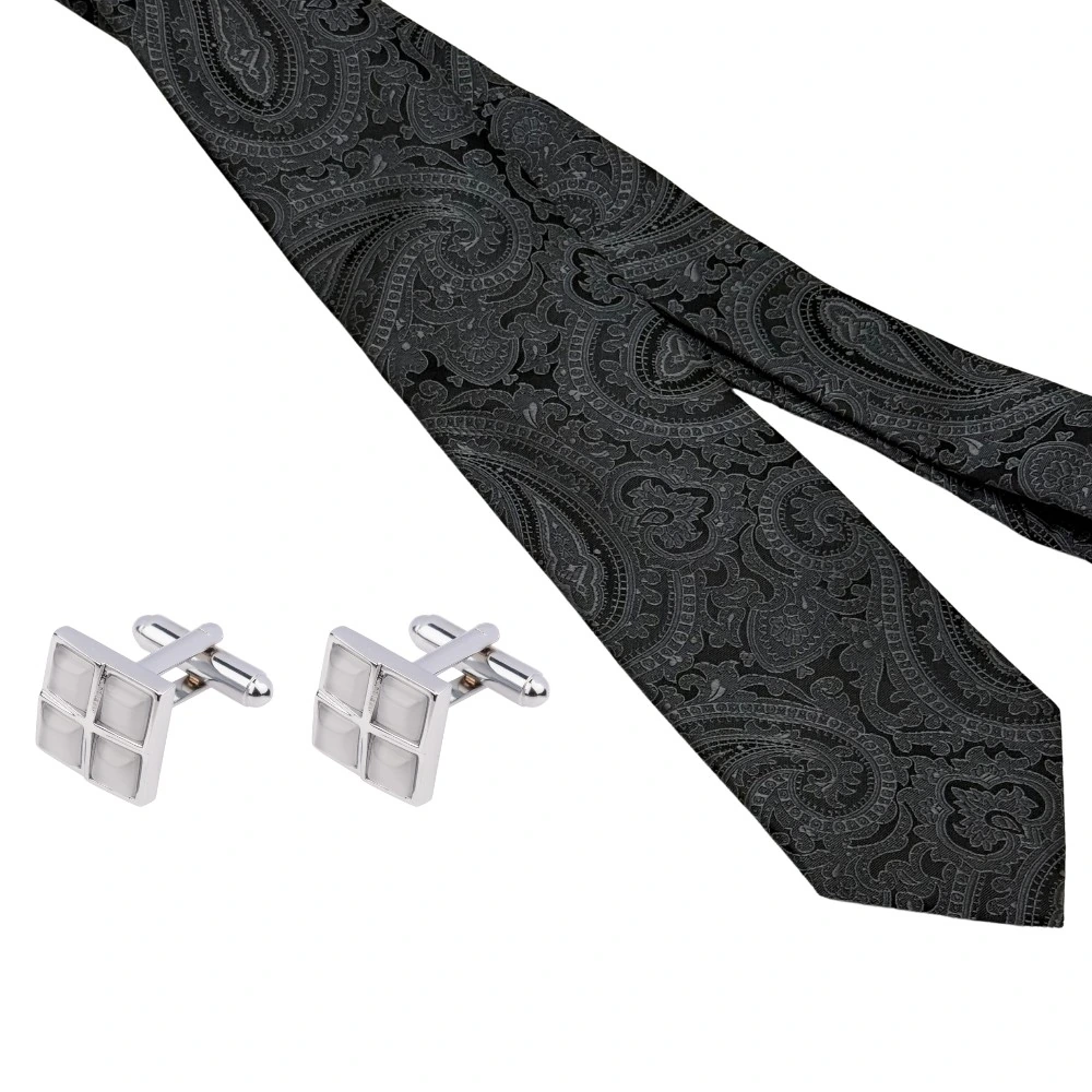Black Silk Paisley Necktie with Grey Cufflinks Combo for Men