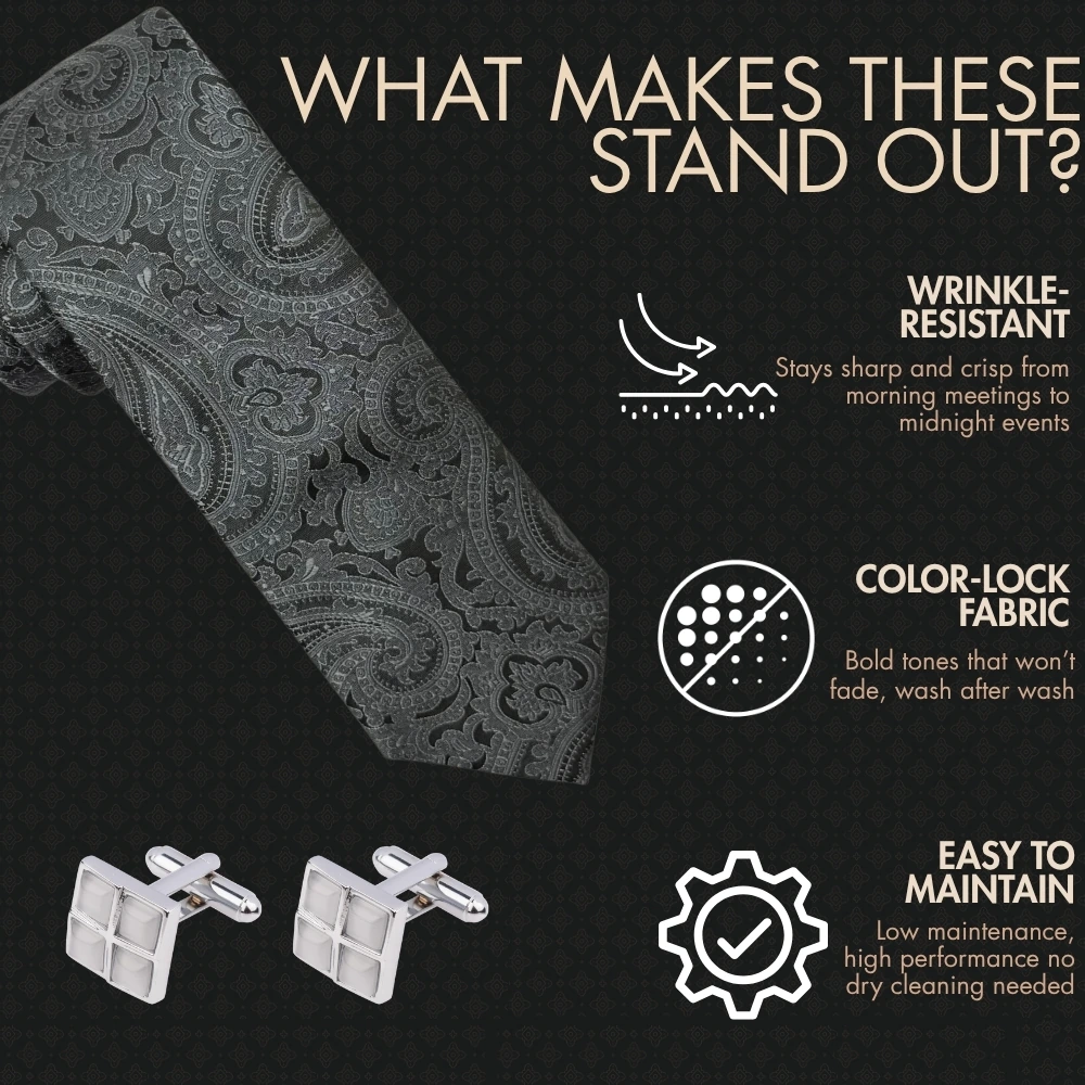 Black Silk Paisley Necktie with Grey Cufflinks Combo for Men