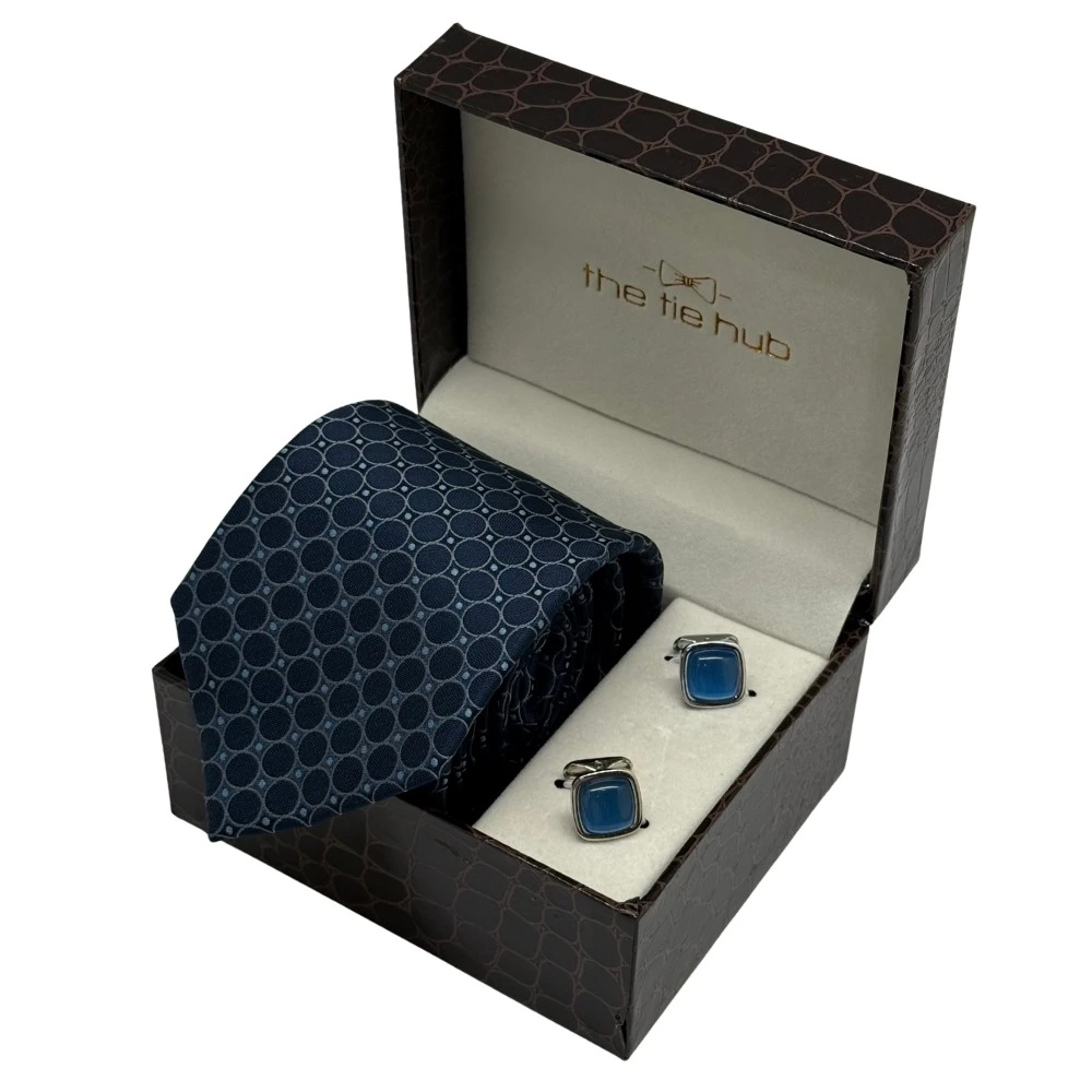 Blue Geometric Necktie with Blue Cufflinks Combo for Men