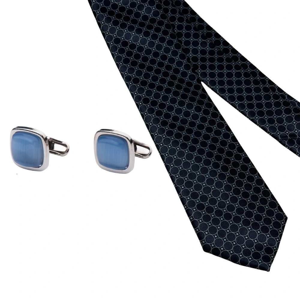 Blue Geometric Necktie with Blue Cufflinks Combo for Men