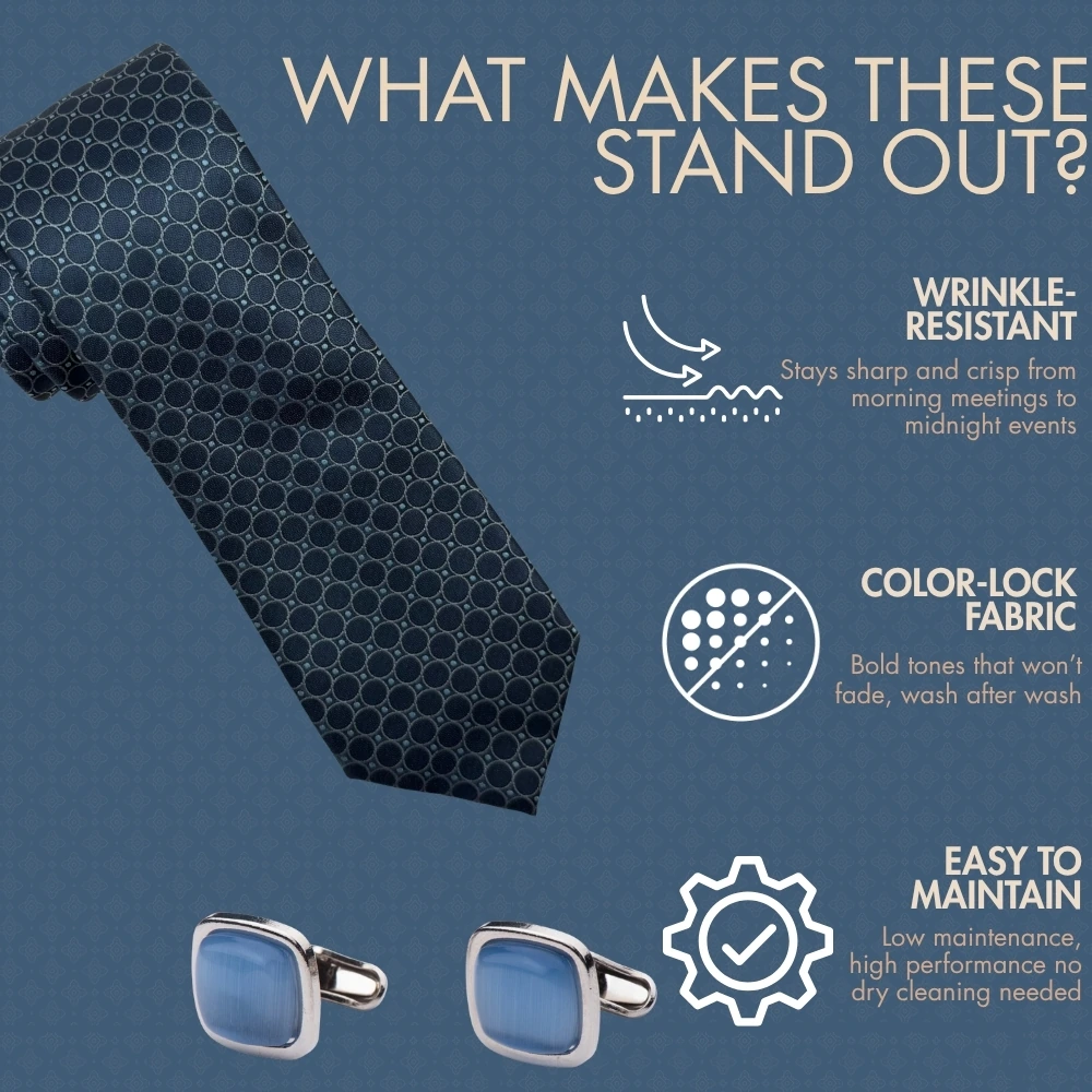 Blue Geometric Necktie with Blue Cufflinks Combo for Men
