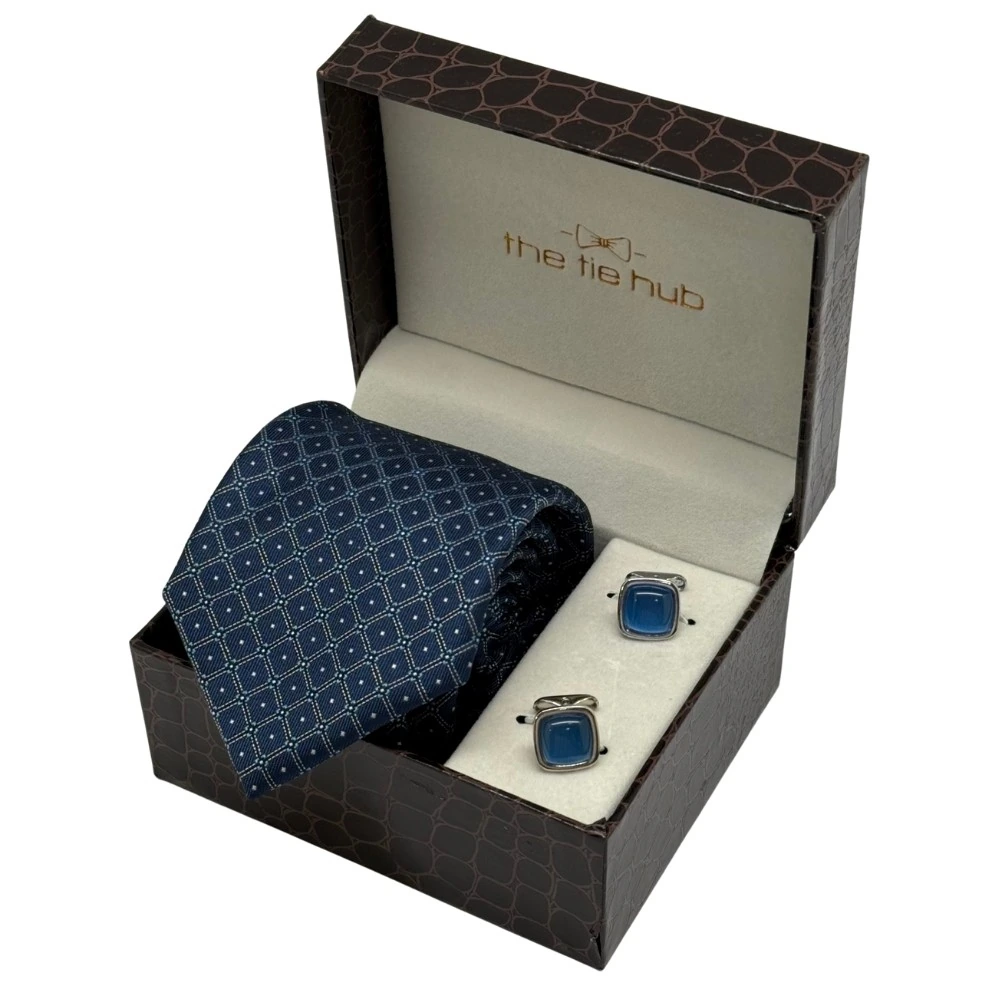 Navy Blue Geometric Necktie with Blue Cufflinks Combo for Men
