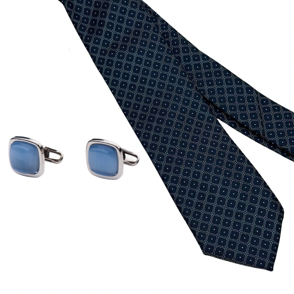 Navy Blue Geometric Necktie with Blue Cufflinks Combo for Men