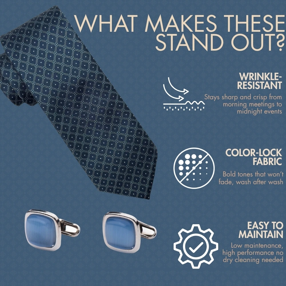 Navy Blue Geometric Necktie with Blue Cufflinks Combo for Men