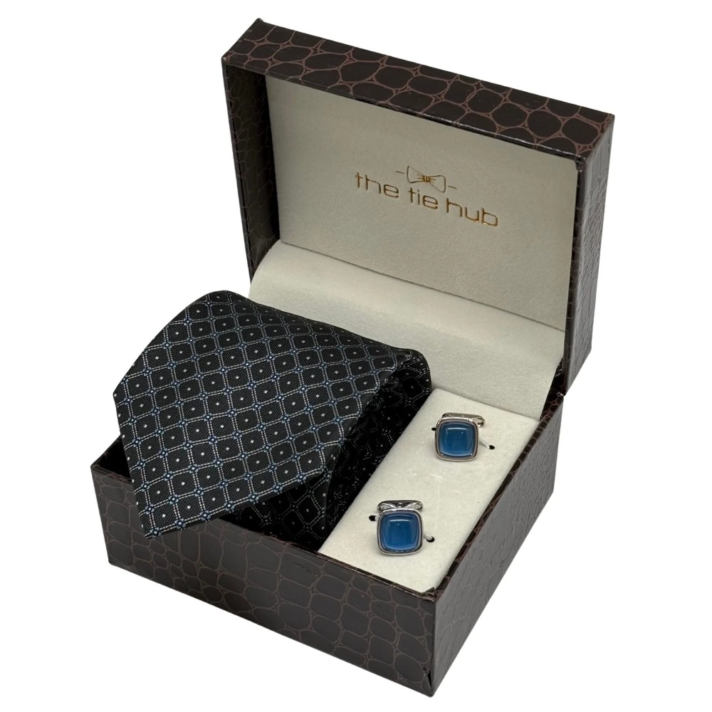 Black Geometric Necktie with Blue Cufflinks Combo for Men