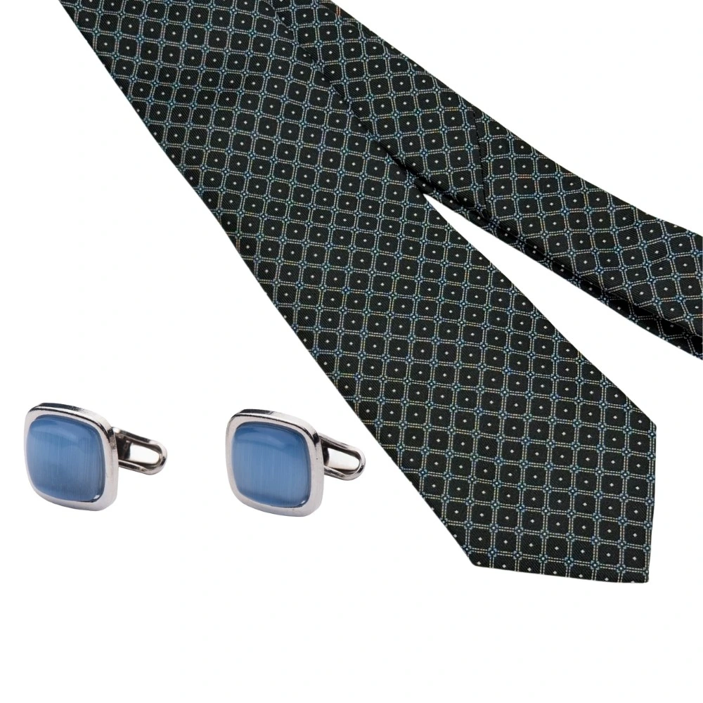 Black Geometric Necktie with Blue Cufflinks Combo for Men