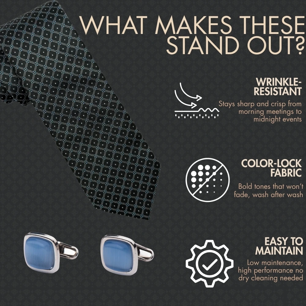 Black Geometric Necktie with Blue Cufflinks Combo for Men