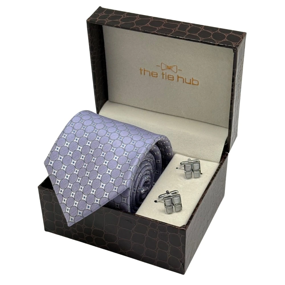 Lilac Geometric Necktie with Grey Cufflinks Combo for Men