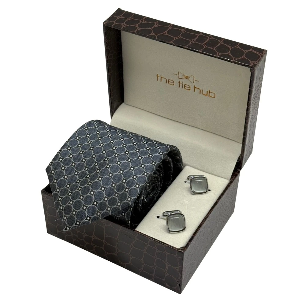 Grey Geometric Necktie with Grey Cufflinks Combo for Men