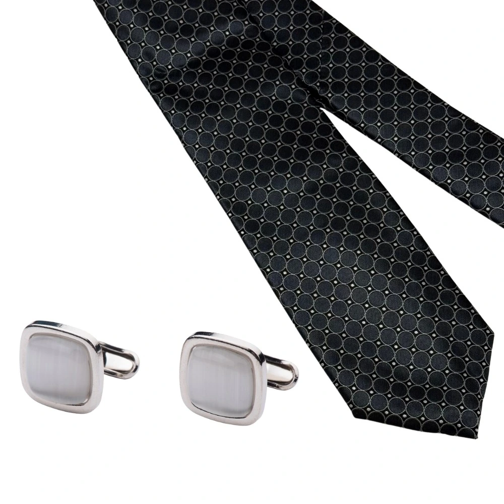 Grey Geometric Necktie with Grey Cufflinks Combo for Men