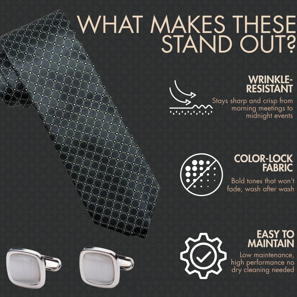 Grey Geometric Necktie with Grey Cufflinks Combo for Men