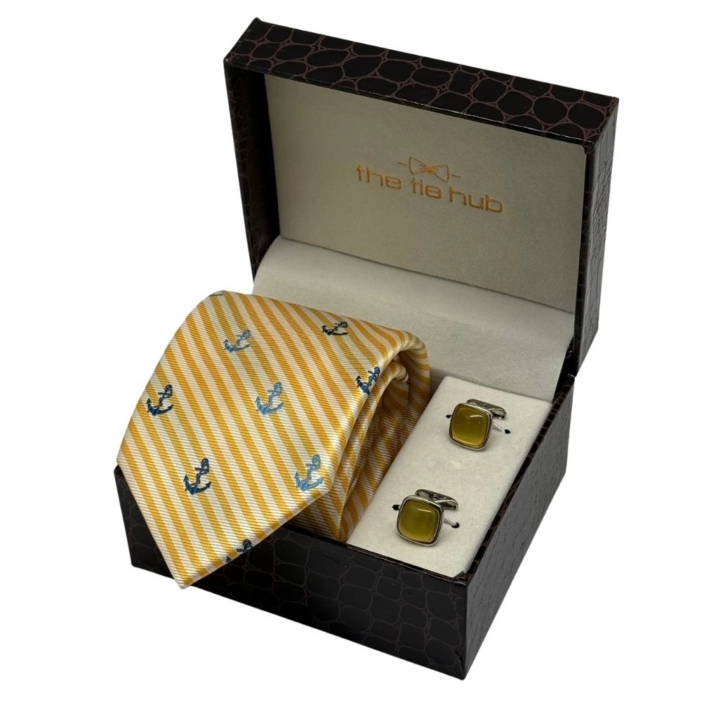 Yellow Conversational Necktie with Yellow Cufflinks Combo - Anchor Design for Men