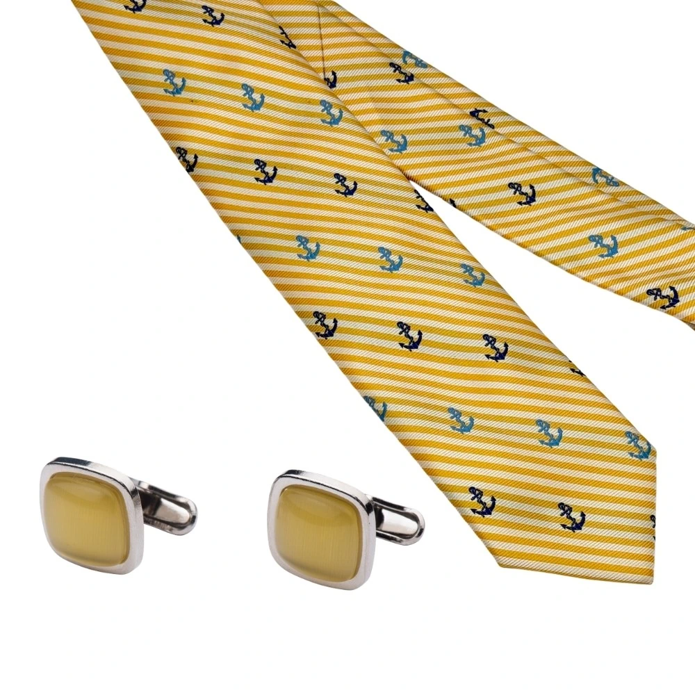 Yellow Conversational Necktie with Yellow Cufflinks Combo - Anchor Design for Men