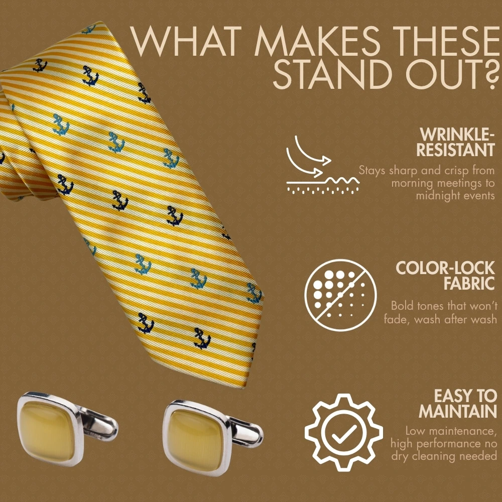Yellow Conversational Necktie with Yellow Cufflinks Combo - Anchor Design for Men