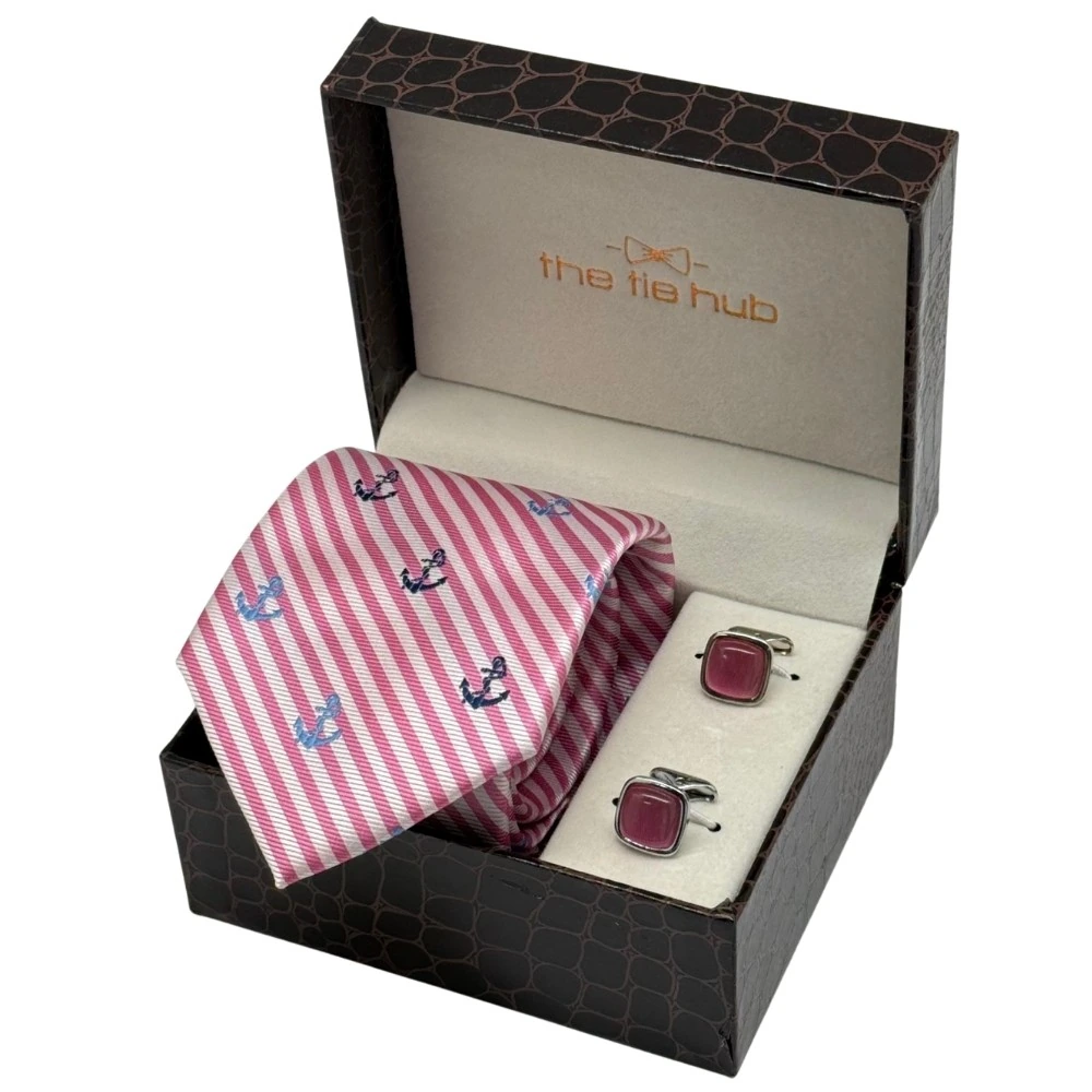 Pink Conversational Necktie with Pink Cufflinks Combo - Anchor Design for Men