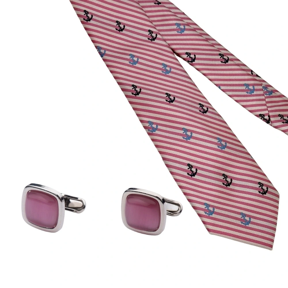 Pink Conversational Necktie with Pink Cufflinks Combo - Anchor Design for Men