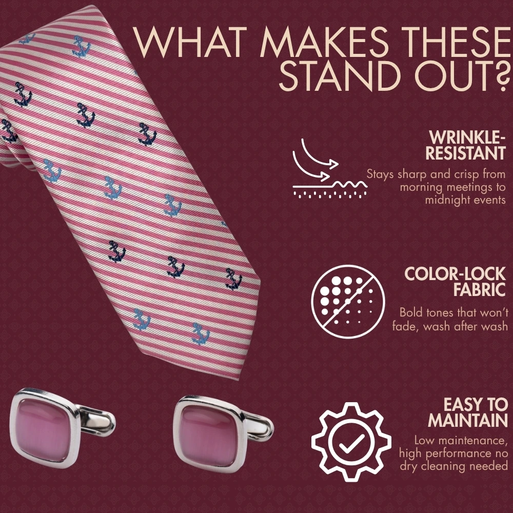 Pink Conversational Necktie with Pink Cufflinks Combo - Anchor Design for Men