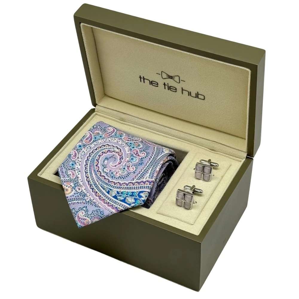 Multicolor Paisley Silk Necktie with Lavender Cufflinks Combo - Printed Design for Men