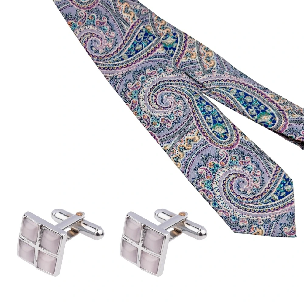 Multicolor Paisley Silk Necktie with Lavender Cufflinks Combo - Printed Design for Men