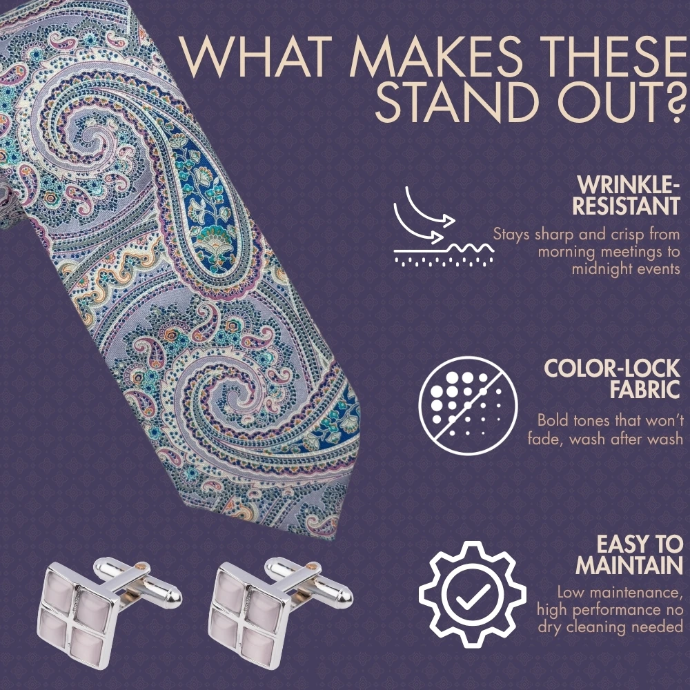 Multicolor Paisley Silk Necktie with Lavender Cufflinks Combo - Printed Design for Men