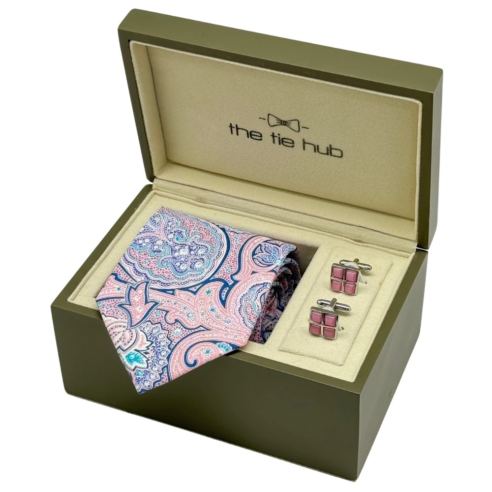Pink and Blue Paisley Silk Necktie with Pink Cufflinks Combo - Printed Design for Men