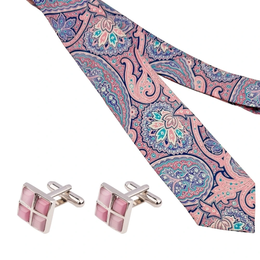Pink and Blue Paisley Silk Necktie with Pink Cufflinks Combo - Printed Design for Men