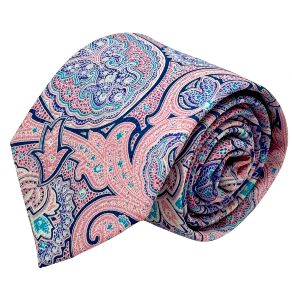 Pink and Blue Paisley Silk Necktie with Pink Cufflinks Combo - Printed Design for Men