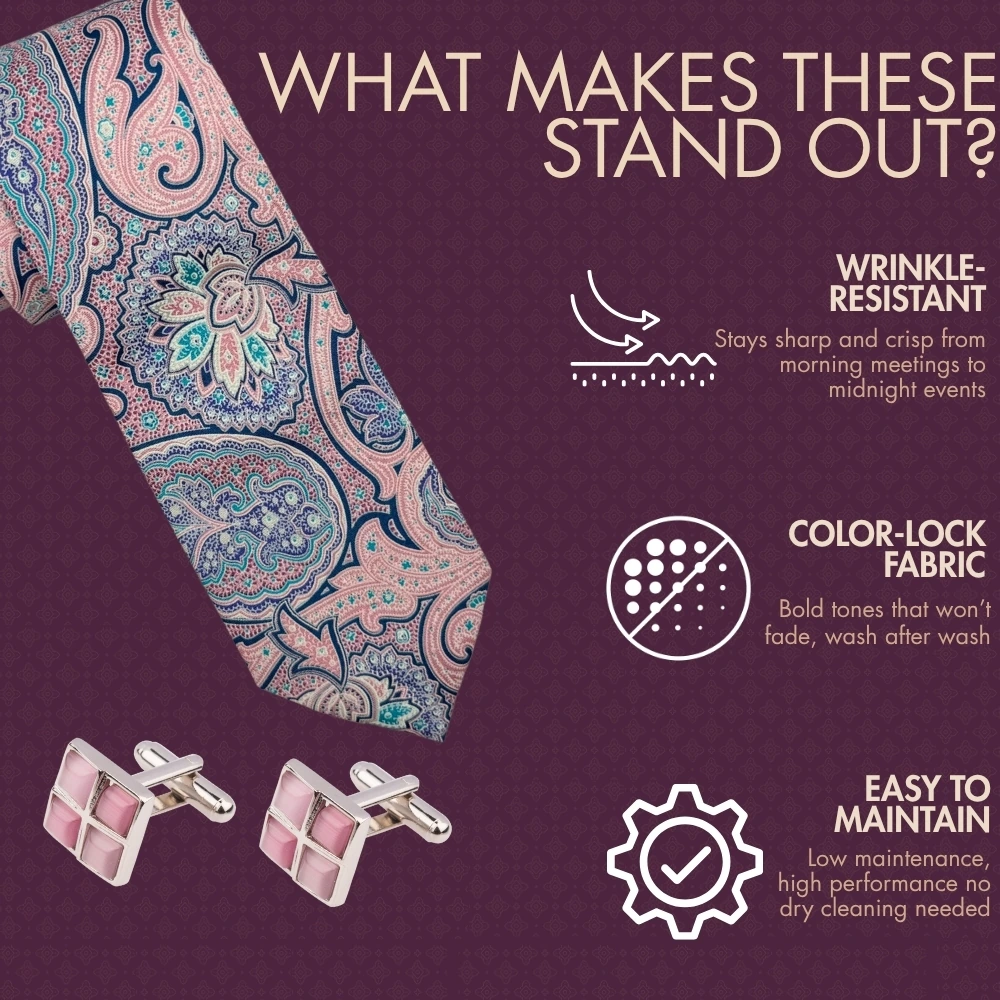 Pink and Blue Paisley Silk Necktie with Pink Cufflinks Combo - Printed Design for Men