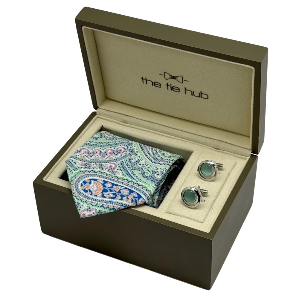 Green and Blue Paisley Silk Necktie with Green Cufflinks Combo - Printed Design for Men