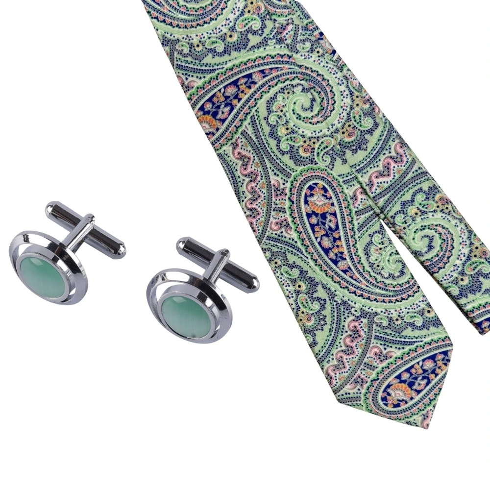 Green and Blue Paisley Silk Necktie with Green Cufflinks Combo - Printed Design for Men