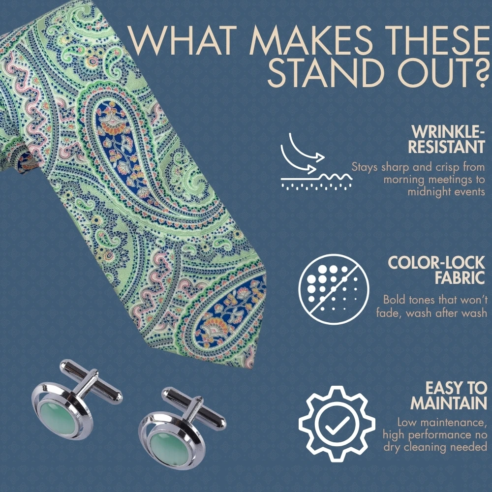 Green and Blue Paisley Silk Necktie with Green Cufflinks Combo - Printed Design for Men