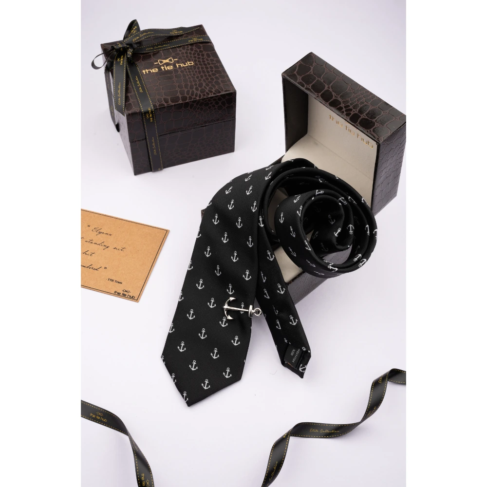 Black Anchor Necktie with Tie Bar Combo Set for Men