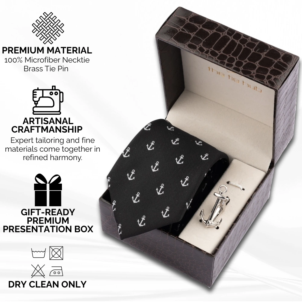 Black Anchor Necktie with Tie Bar Combo Set for Men