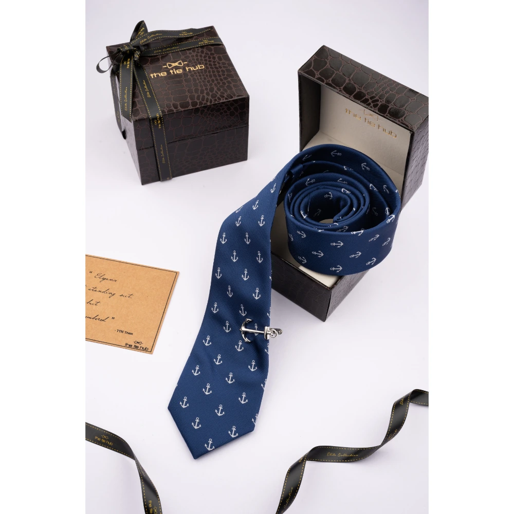 Blue Anchor Necktie with Tie Bar Combo Set for Men