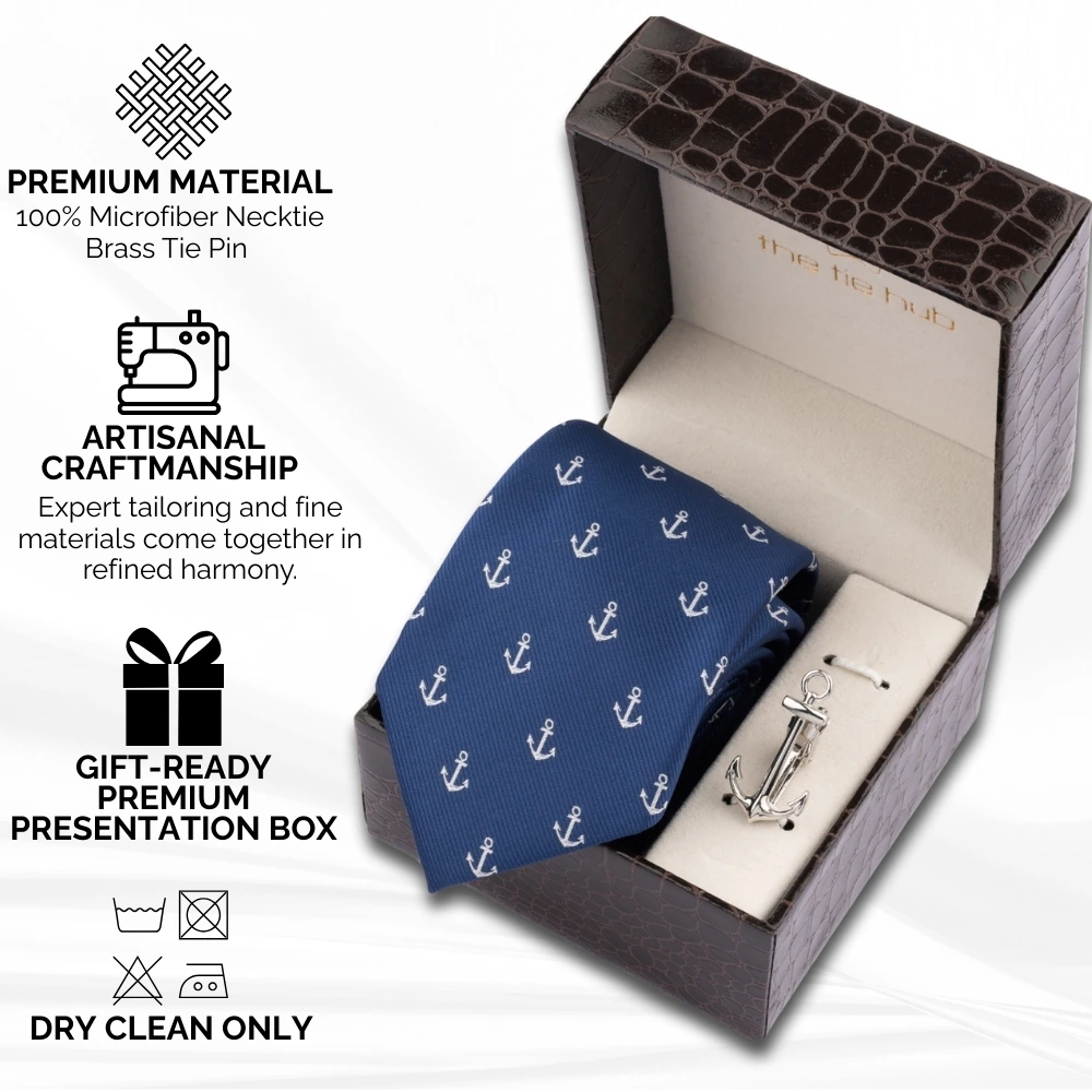 Blue Anchor Necktie with Tie Bar Combo Set for Men