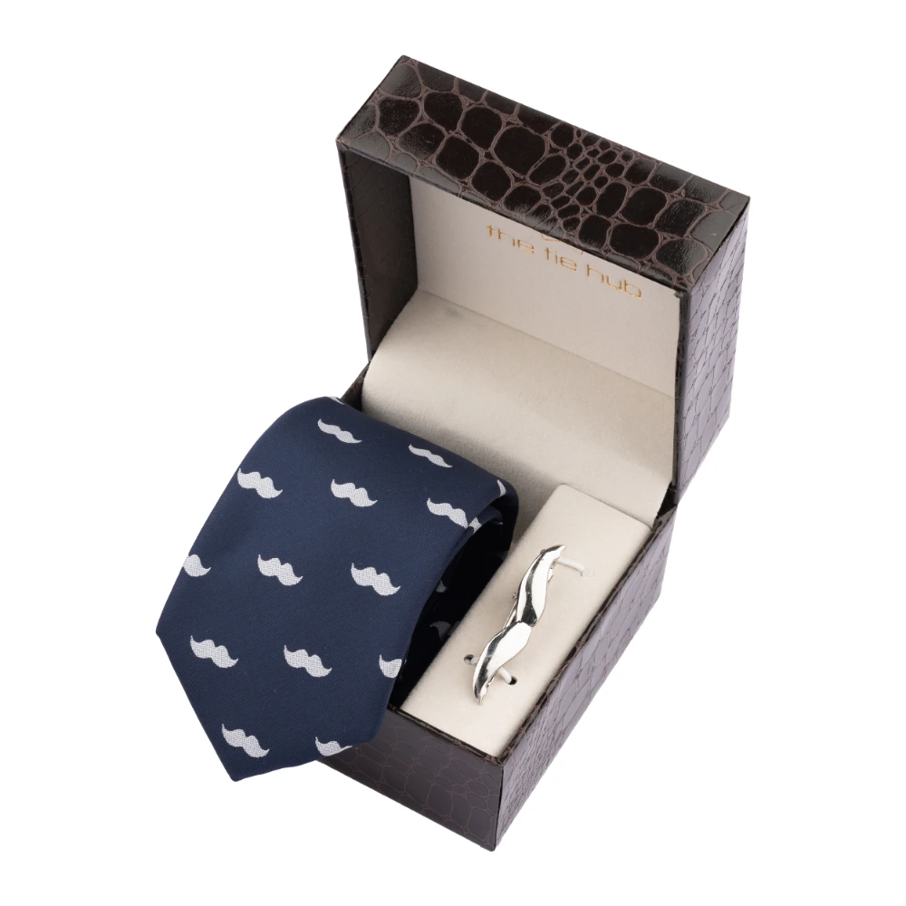 Blue Moustache Necktie with Tie Bar Combo Set for Men