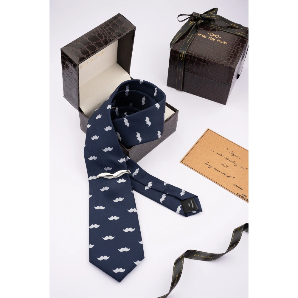 Blue Moustache Necktie with Tie Bar Combo Set for Men