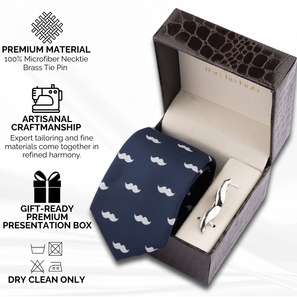 Blue Moustache Necktie with Tie Bar Combo Set for Men