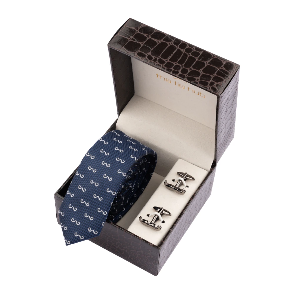 Blue Moustache Necktie with Cufflink Combo Set for Men